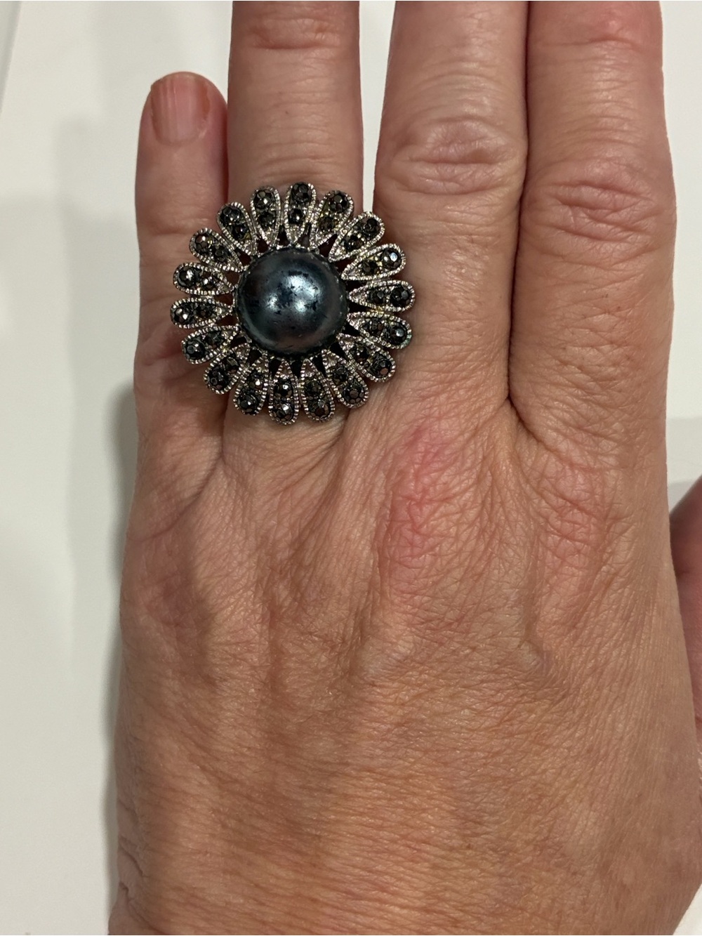 ✨ Vintage Black Pearl & Marcasite Sunflower Statement Ring - Adjustable ✨